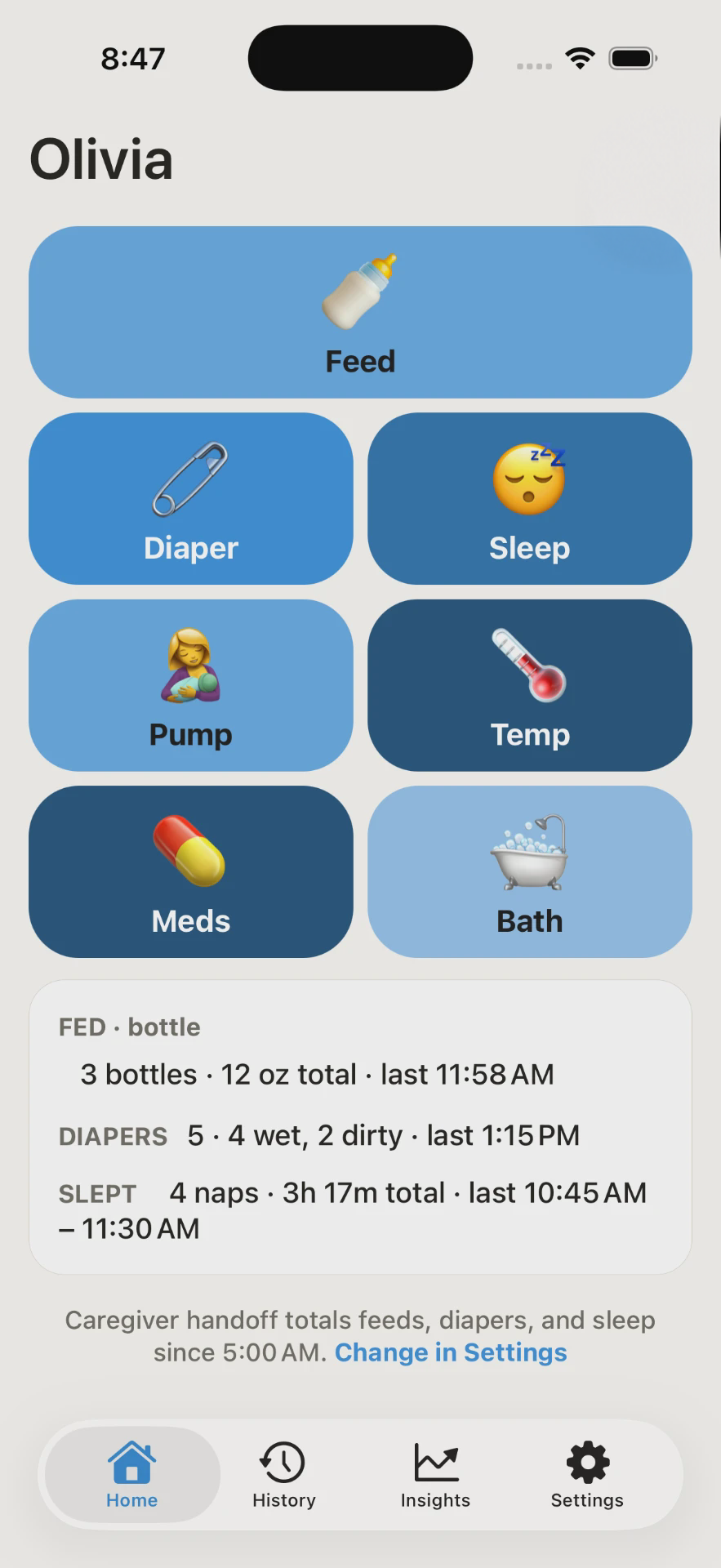 SnuggleWise baby logging home screen